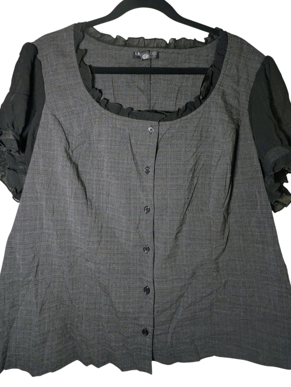 I.N. Studio Woman Glen Plaid Blouse Ruffle Trim 20W EUC